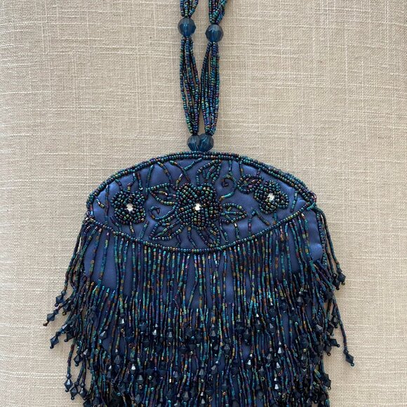 Vintage-Style Beaded Fringe Evening Bag Wristlet – Navy Blue - Picture 2 of 3